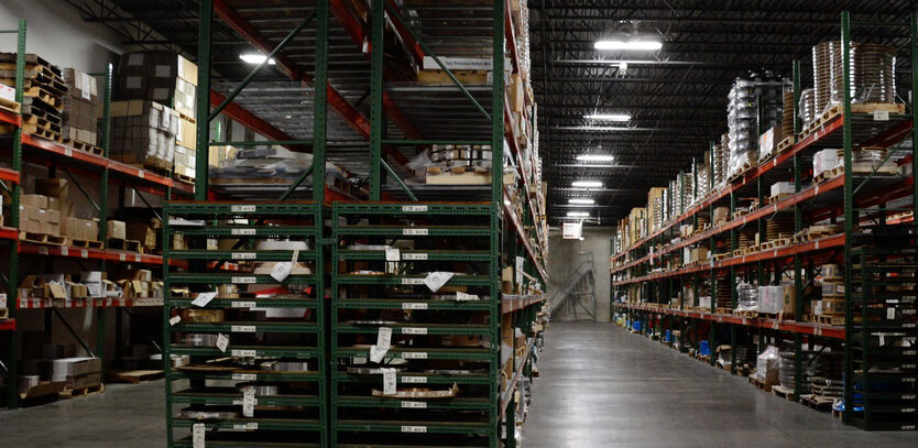 Several large storage shelf units in a warehouse